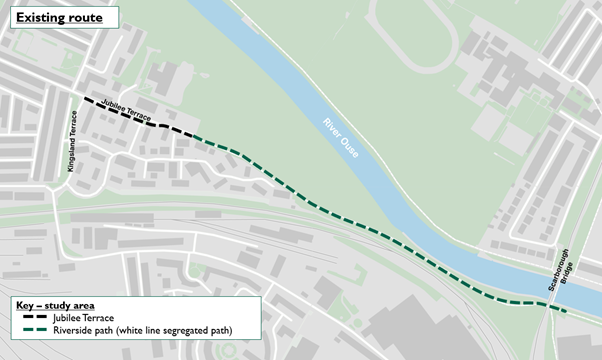 A map marking the existing path from Kingsland Terrace and Jubilee Terrace to Scarborough Bridge