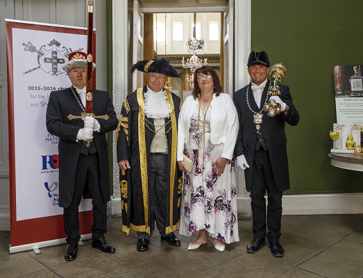 Lord Mayor of York Councillor Martin Rowley BEM, Lady Mayoress Mrs Elizabeth Rowley, flanked by the Sword Bearer and the Mace bearer