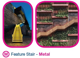 Stairs made from various metals located on the outside of the buildings.
