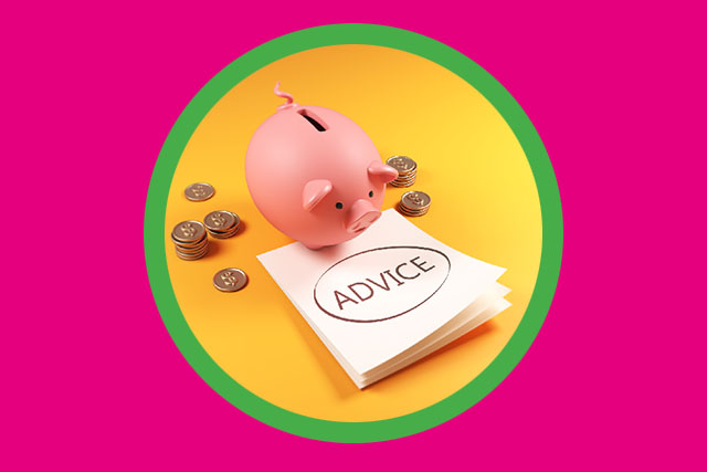 Money advice piggy bank and coins