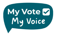 Logo: green speech bubble with words 'My vote, my voice - ' and a ticked checkbox inside.