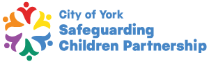 A group of stylised people form the shape of a circle. The words 'City of York Safeguarding Children Partnership' are next to the logo in light blue text.