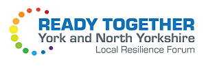Ready Together -York and North Yorkshire Resilience Forum (NYRF) logo, with a rainbow coloured circle of dots on the left of words