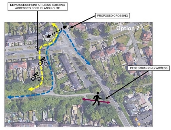 Aerial view of option 2 for the Tang Hall Lane cycle improvements.