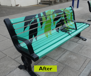 The bench after improvements has been repainted with colourful leaf designs