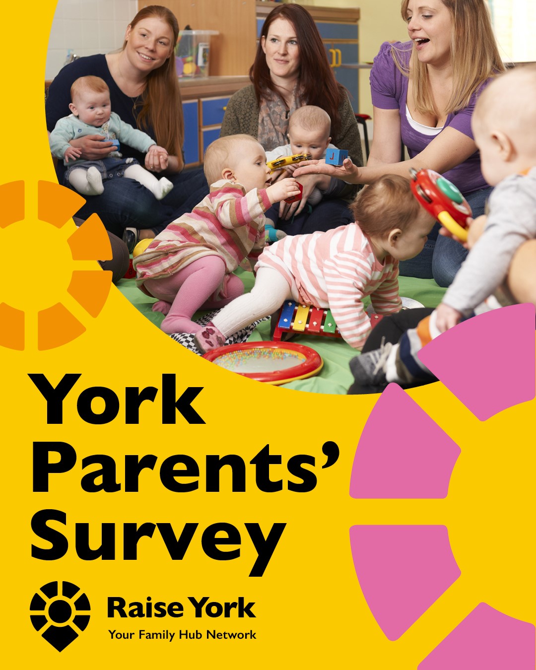 Photos of parents and babies sat on a circle on the floor, plus text 'York Parents survey'
