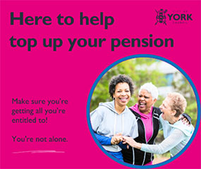 Three women in leisure wear laughing. Headline text reads &quot;Here to help top up your pension&quot;.