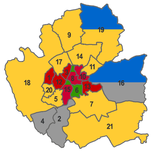 Map showing which political parties are represented in each of York's wards.