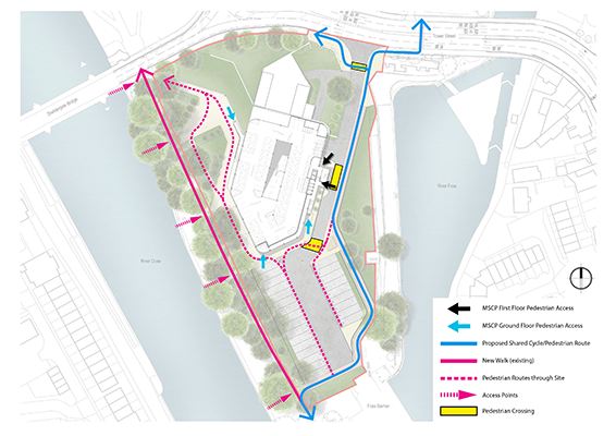 A map showing the cycle and walking routes around St Georges Field.