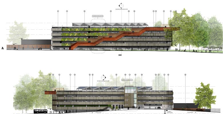 An artist's impression showing the East and West elevations of the building.