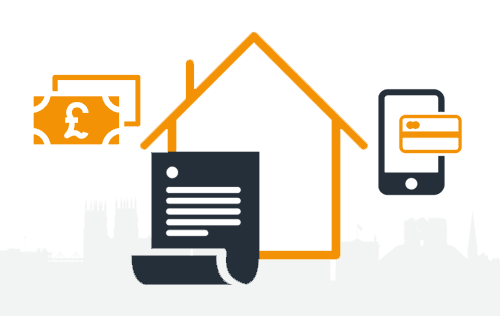 Council tax billing campaign icons showing a house, mobile telephone, payment methods and documents