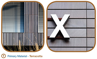 Two photos showing how terracotta is to be used as a building material.