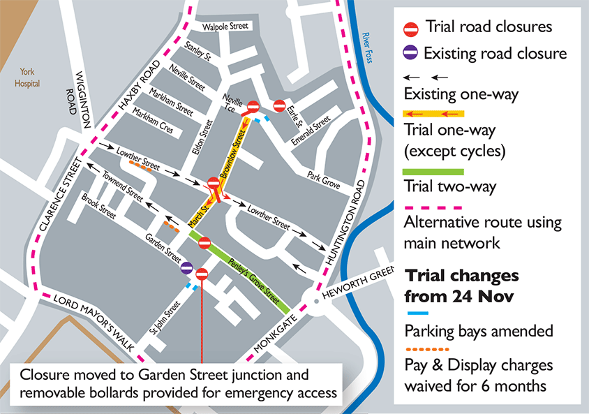 Map showing new closure points and changes to highway restrictions due to the Groves Trial