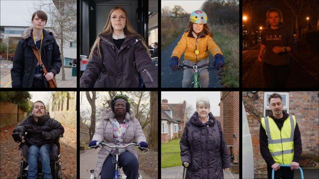 Eight people are shown using different forms of transport, from a bus driver to a young cyclist