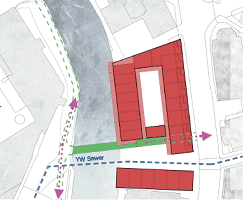 Plans showing a single span bridge and two building blocks.