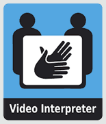 Video interpreter logo showing illustration of people and hands forming sign language.