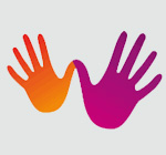 Orange and purple hand prints from the Warm Welcome Spaces logo