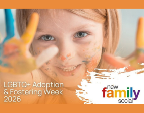A photo of a child with text "LGBTQ+ Adoption and Fostering Week"