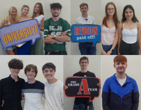 A collection of different students all looking at the camera and smiling celebrating their results