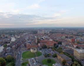 Aerial view of york showing Clifford's Tower and York Minster