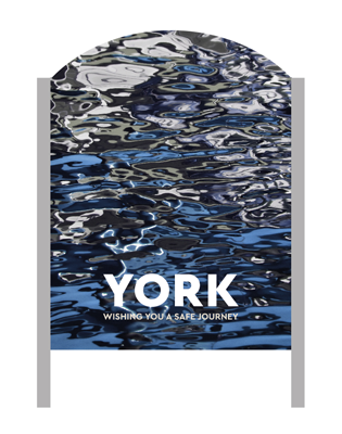 A 'Make It York' welcome sign with the river Ouse in the background.