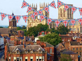 Bunting illustration over a view of York to celebrate VE Day 80th anniversary.