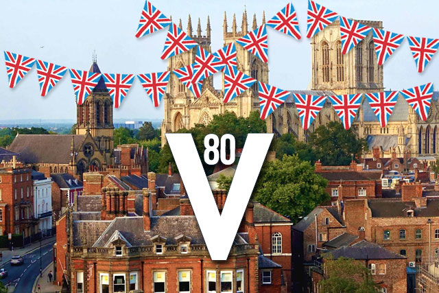 Bunting illustration over a view of York to celebrate VE Day 80th anniversary.