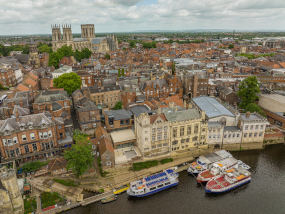 York Guildhall Restaurant exterior aerial over river high
