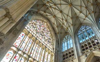 York Minster interior, showing stained glass windows