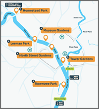 Map of York rivers trail showing locations of interest along the Ouse.