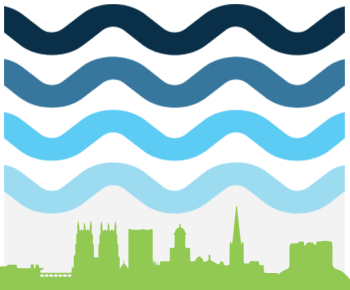 York rivers trail (brand icon) blue water illustration and green cityscape