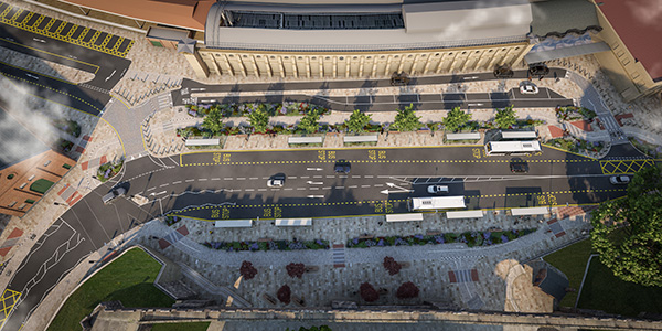 An aerial view of what the front of York Station could look like, including the new areas for the bus stops and taxi rank