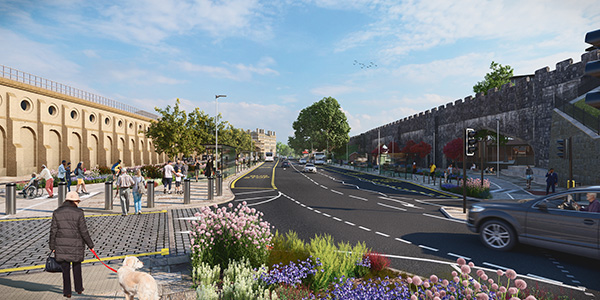 A view of what the front of York Station could look like, looking towards the city walls and new area for buses