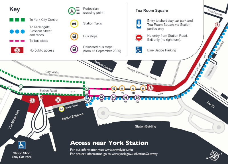 Map of York Station Gateway showing new pedestrian routes, bus stops, and car entry points