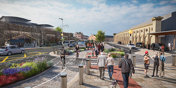 A view of the proposed new taxi rank and public drop-off area and upgraded walking and cycling facilities