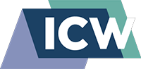 ICW logo is coloured as lavender, blue and green shapes with the letters ICW in white.