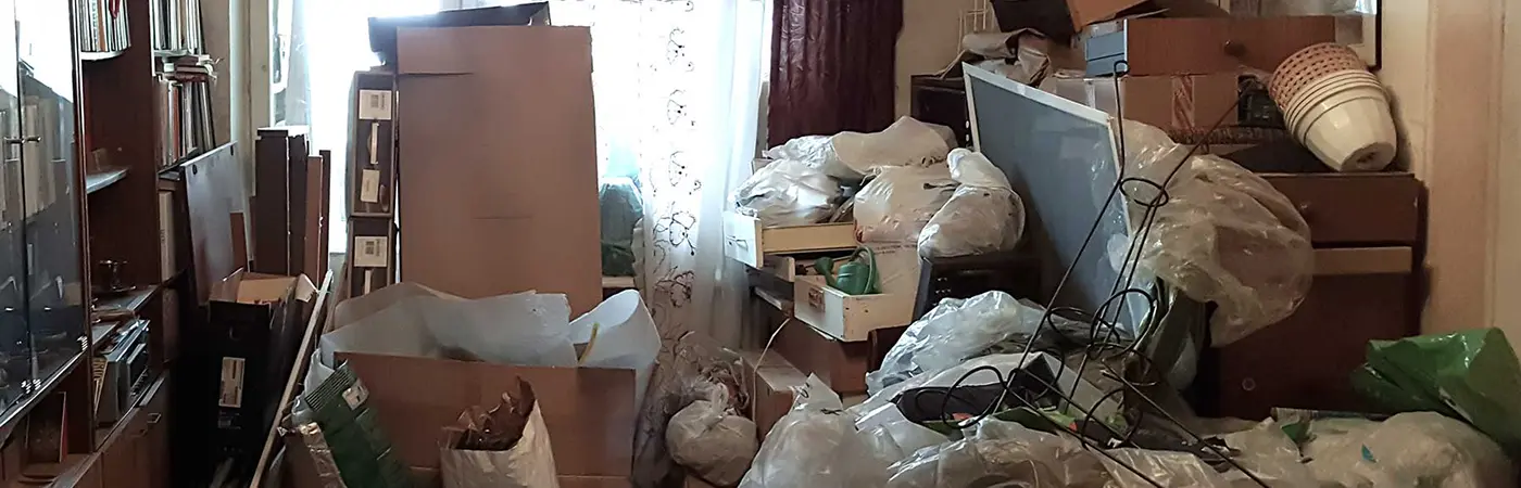 A front-room filled with rubbish, bags and boxes. These are piled up everywhere.