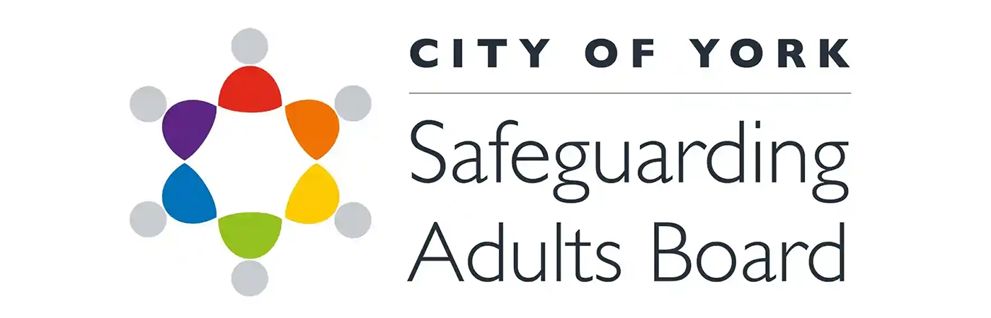 Part of the Safeguarding Adults York logo can be seen. There are six simplified styles of a person touching each other at the shoulders forming a circle. The heads are light grey in colour, and the bodies each have a different colour.